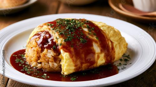 transparent food photography of japanese omurice fried rice