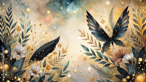 Celestial Lepidoptera Among Golden Botanicals, A Dreamlike Tapestry of Night and Day