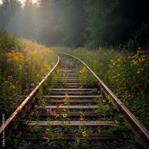 Serene Overgrown Railway Tracks Winding Through Wildflowers in Golden Forest Light