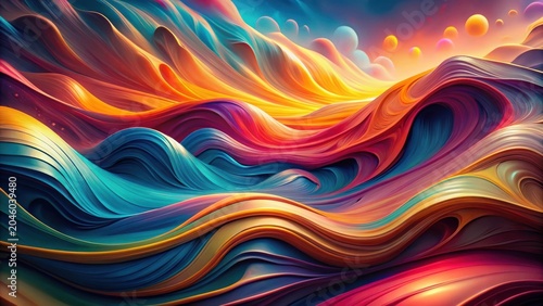 Abstract Colorful Swirling Waves in a Vibrant, Dreamlike Landscape Featuring Smooth, Fluid Forms and a Playful Palette of Hues