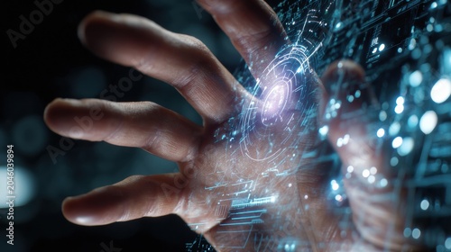 Futuristic interaction with digital interface virtual space conceptual art high-tech environment close-up viewpoint