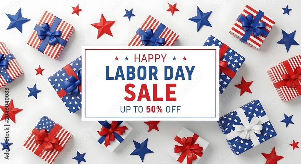 Fototapeta premium Happy labor day sale banner with gift boxes and stars isolated on white background