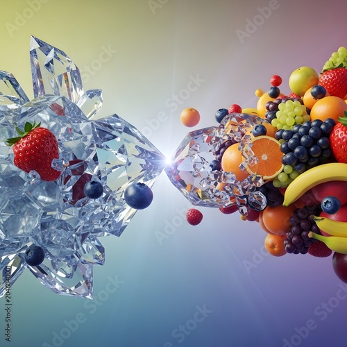 Vibrant Fruit and Ice Crystal Fusion: A Burst of Freshness and Cool Energy