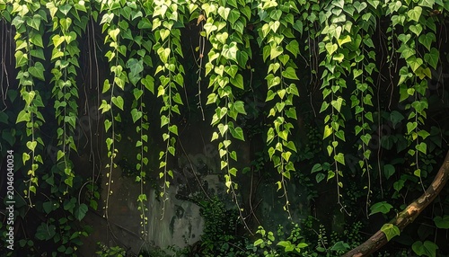 Close-up of cascading green leafy vines hanging from an unseen structure, creating a natural curtain. Sunlight highlights the foliage