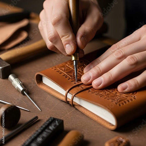 Craftsman tooling intricate design on leather journal cover