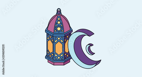 Colorful Lantern and Crescent Moon Vector Illustration