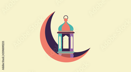 Colorful Lantern on Crescent Moon Vector Illustration