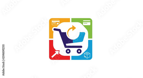 Colorful Shopping Cart Icon with Circular Arrow in Flat Vector Design