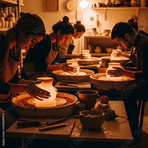 Pottery class in session with students shaping clay on wheels