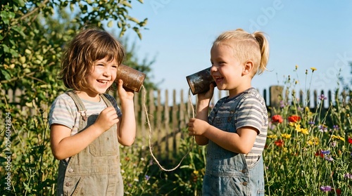 Two happy young children playing with a homemade tin can telephone in a sunny garden.