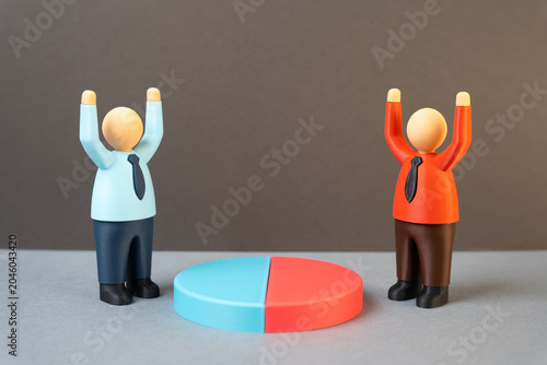 Business partners discuss their profit shares and responsibilities within a company. Corporate governance, ownership structure, decision making and financial distribution.