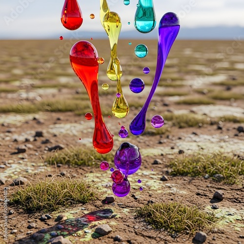 Colorful liquid drops falling onto dry, rocky ground
