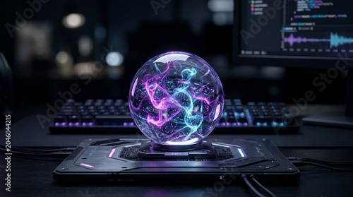 Glowing plasma sphere with neon energy on tech desk for artificial intelligence prediction