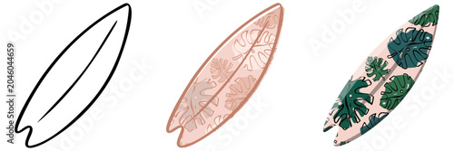 Surfboard clip art set in a hand drawn doodle style, featuring a minimalist black line art, a subtle peach monochromatic monstera leaf pattern, and a vibrant green tropical botanical print.