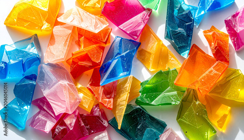 Abstract environmental background featuring multi colored microplastic pieces on a clean surface