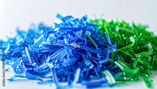 Abstract environmental background featuring vibrant blue and green polymer shards on a clean backdrop