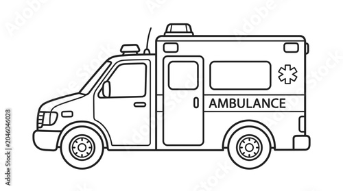Ambulance emergency vehicle line art coloring page.