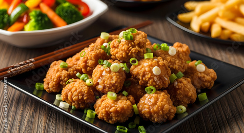 Crispy orange chicken with side dishes presentation