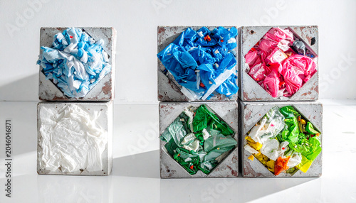 Square blocks of compressed colorful plastic waste arranged on a white floor under industrial lighting