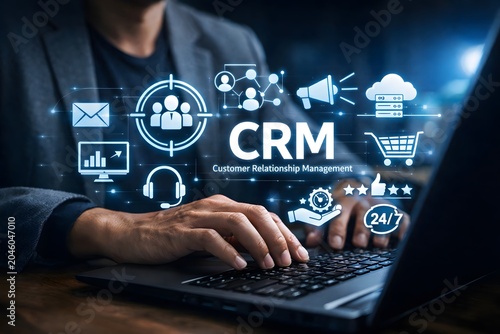 Person using a laptop with digital customer relationship management crm icons for business sales and support
