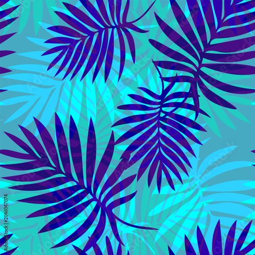 Bright blue colors vector seamless pattern with tropical leaves. Perfect for fashion apparel fabric, trendy package, bedding, wallpaper, accessories, outerwear, cloth textile