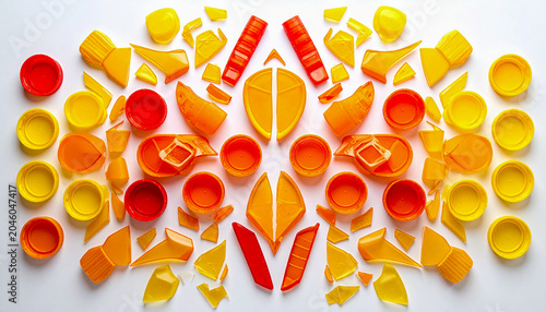 Symmetric arrangement of plastic bottle caps and shards color coordinated in yellow and orange on white background