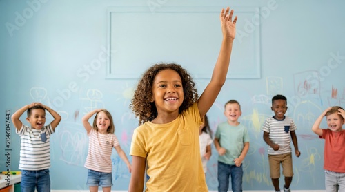 Group of diverse children having fun and playing in a classroom.