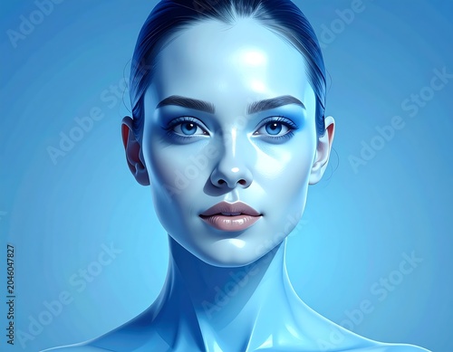 Close-up of a woman's serene face. Her features are accentuated with blue hues and subtle makeup, creating a calm portrait