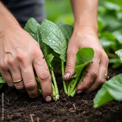 Gardener planting fresh green seedlings in fertile soil, close-up on hands