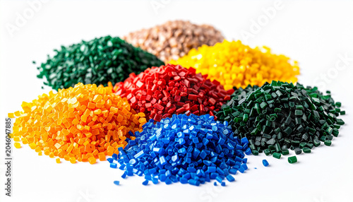 Texture of mixed color plastic regrind with sharp focus on the variety of shapes on a white background