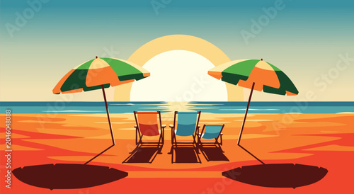 Photos Idyllic Beach Sunset Vector Illustration with Lounge Chairs and Umbrellas for a