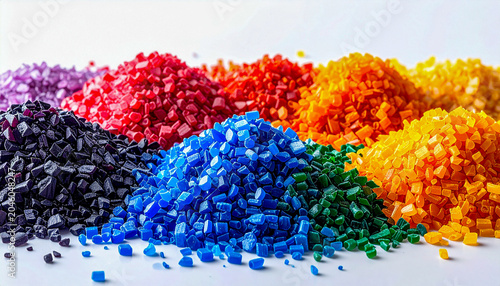 Abstract industrial background showcasing vibrant shredded plastic scraps and synthetic material textures