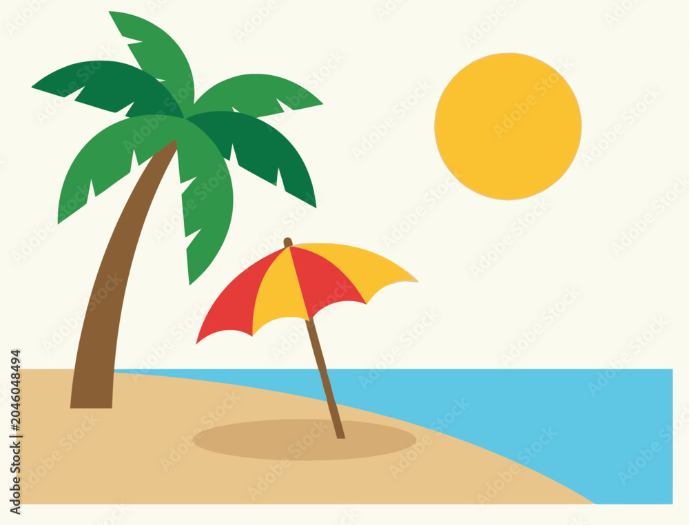 Fototapeta premium A simple cartoon illustration of a sunny beach scene with a palm tree, a colorful umbrella, and blue ocean water under a bright yellow sun.