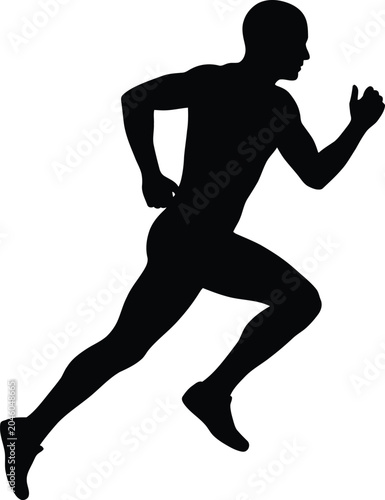 Foto Dynamic black silhouette of a male runner in motion, depicting speed and athleticism against a white background