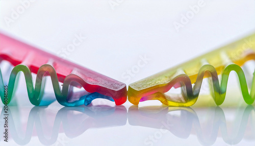 The intersection of two colorful plastic pieces with macro focus on a bright white background