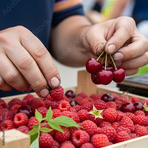 Close-up of hands picking fresh raspberries and cherries from a wooden crate
