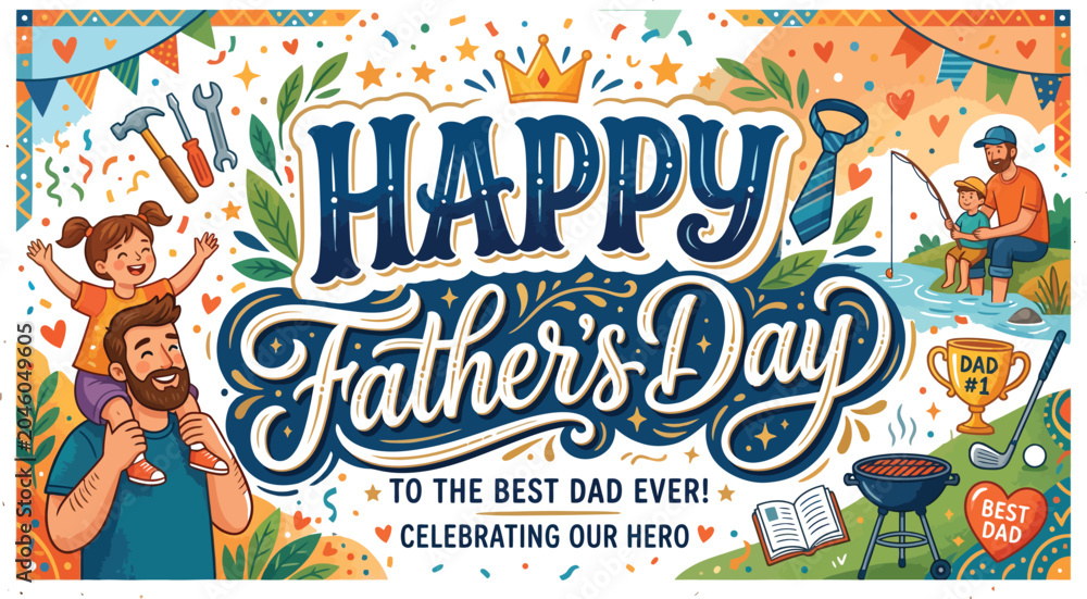 Fototapeta premium Happy father's day illustration with family golf and bbq elements