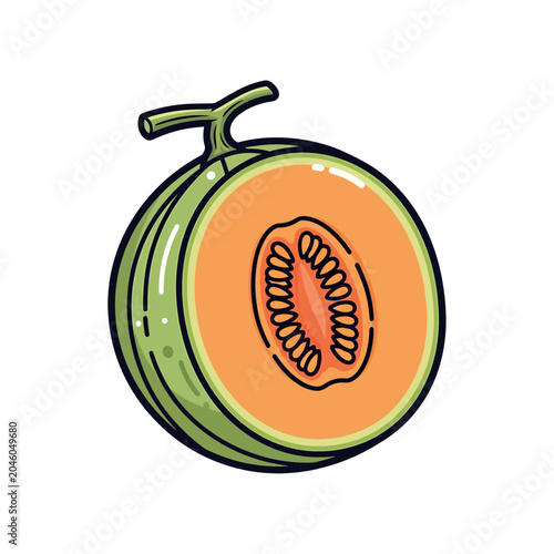Vibrant and refreshing illustration of a sliced ripe melon, showcasing its juicy orange flesh and numerous seeds, a sweet concept for healthy eating designs and summer themes