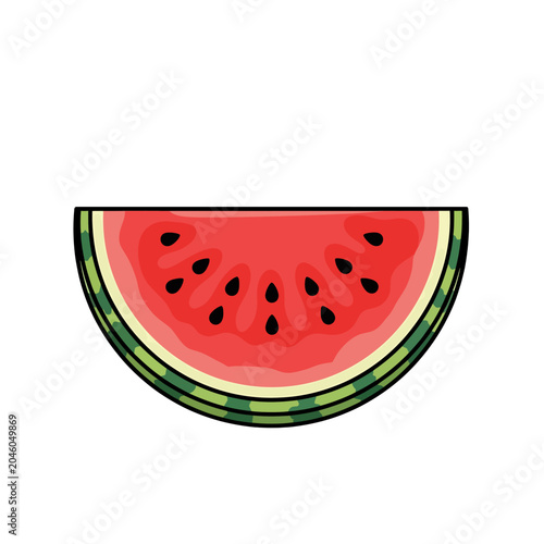 Vibrant and refreshing illustration of a fresh watermelon slice, showcasing its juicy red flesh, black seeds, and green rind, ideal for summer themes and healthy eating designs