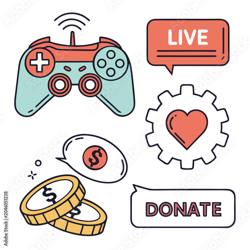 Gaming and streaming icon set featuring gamepad live chat donate coins and gear with heart symbol for online video games and content creation.
