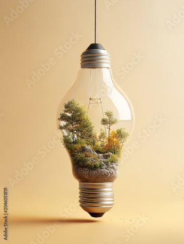 Sustainable Innovation Concept with Tiny Forest Inside Illuminated Light Bulb