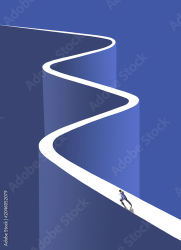 The path ahead is long, winding and dangerous for this man in this 3-d illustration.