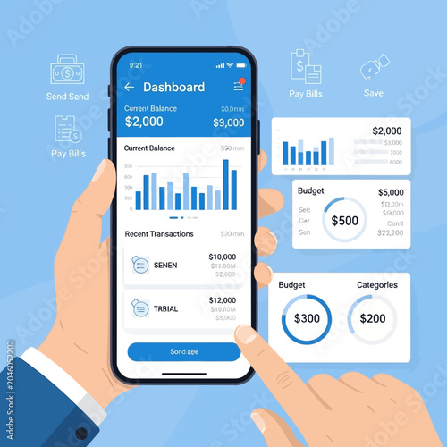 Hand holding smartphone with mobile banking app dashboard