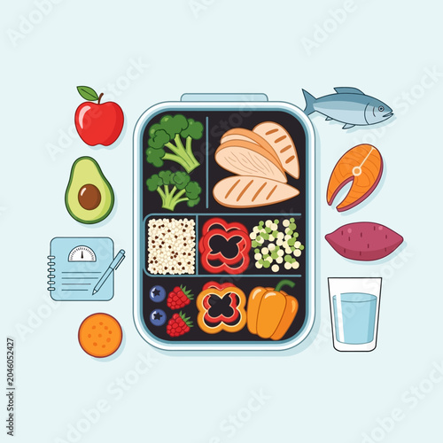 Healthy meal prep lunch box with vegetables and protein