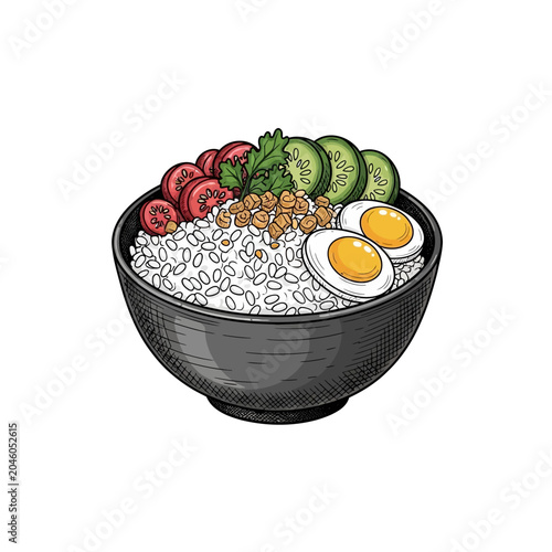 Healthy rice bowl with eggs and vegetables vector illustration