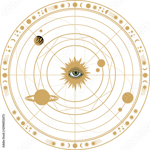 Golden Celestial Galaxy Star Map with Planetary Orbits and Sun.