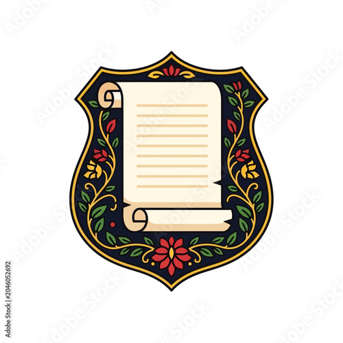 Heraldic crest with paper scroll and floral decorative frame