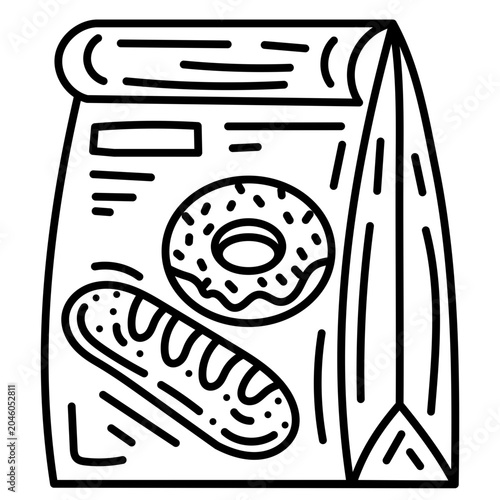 Outline bakery paper bag with donut, baguette, and takeaway food packaging.