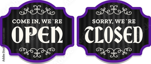 Open and Closed Signs in Gothic Style. Vector Illustration