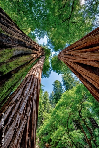 Towering redwood trees and lush green forest canopy seen from a low angle looking up